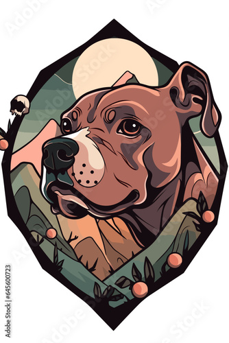 pitbull with big head and teeths front of mountain circle 
