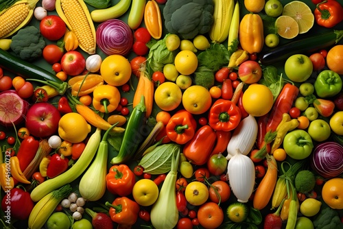Colorful fruits and vegetables background.