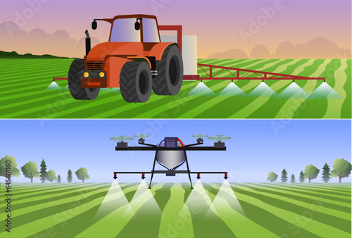 tractor spraying pesticide, drone spraying fertilizer in farm field vector illustration, agriculture industry website concept