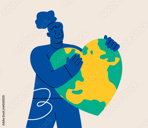 Woman hugging embracing planet earth in heart shape feeling love. Environment and taking care of planet concept. Colorful vector illustration