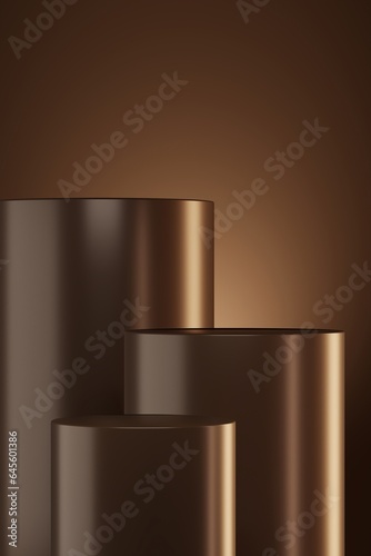 Instead, place three layers of shiny brown stainless steel items. Background for product presentations. 3D illustration