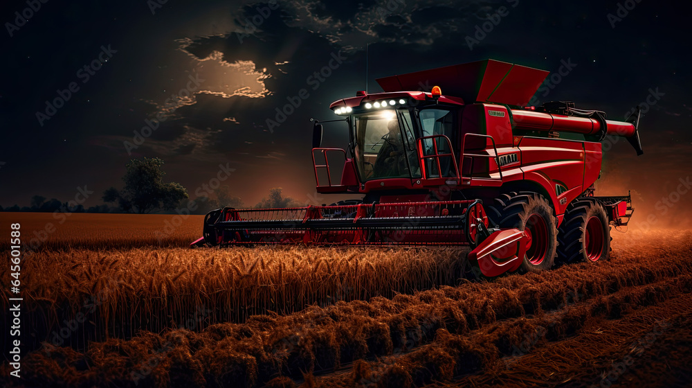 Obraz premium red combine harvester, field of wheat,night time harvest
