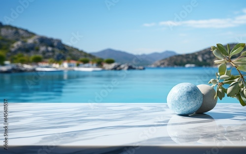 White marble podium with sea view on background. High quality photo