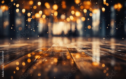 Wooden floor empty with bokeh lights on stage in a theater background. High quality photo