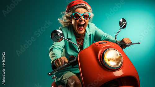 Energizing picture of a vibrant, middle-aged woman showing independence and excitement on a vintage scooter, exemplifying vitality and freedom.