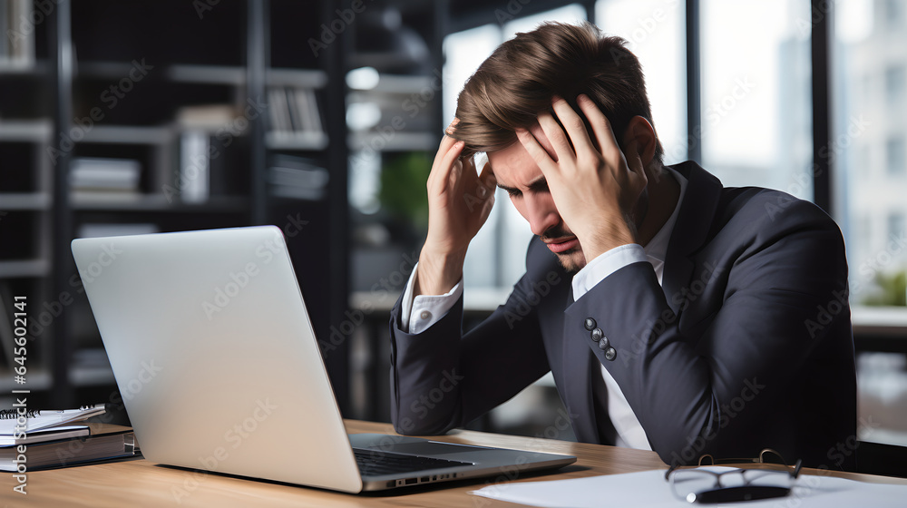 Tired, stressed businessman in his office, overworked creative entrepreneur. Frustrated businessman with head in hands at desk in front of his laptop Tired, stressed businessman in his office, overworked creative entrepreneur. Frustrated businessman with head in hands at desk in front of his laptop