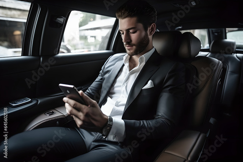 Handsome businessman sitting in luxury car and texting with client on phone, Young attractive businessman in formal using smartphone while sitting on back seat of business car © AspctStyle