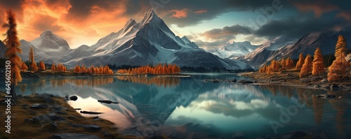 early winter nature landscape of beautiful lake mountains and autumn forest, Generative Ai