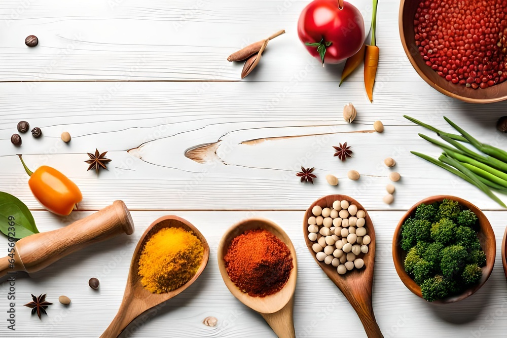 spices and herbs on wood