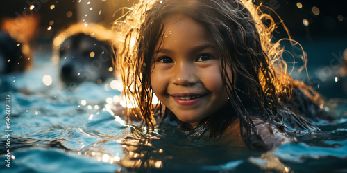 Inuit girl swims in a Canadian river under vibrant Northern Lights, filled with joy and wonder, beautifully dressed in traditional sealskin embodying Indigenous culture.