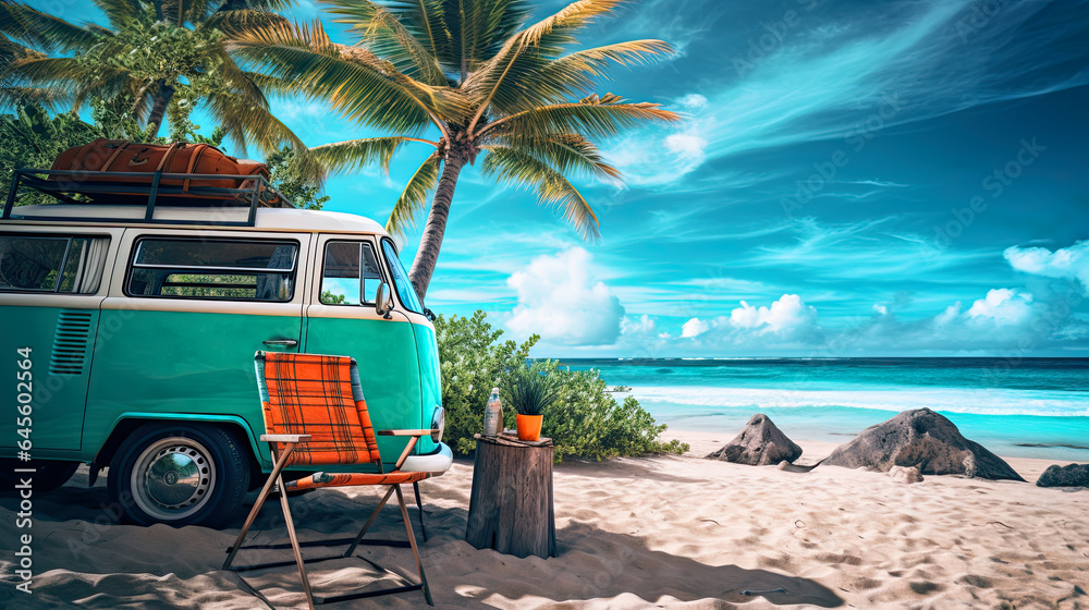 van with deck chair and beach accessory on tropical beach, van life. summer travel.