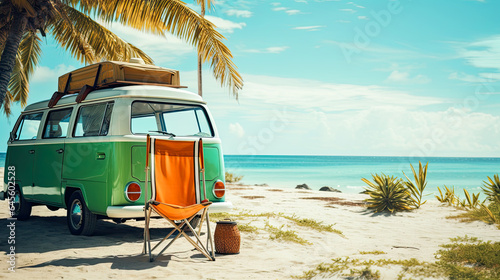 van with deck chair and beach accessory on tropical beach, van life. summer travel. © ZoomTeam