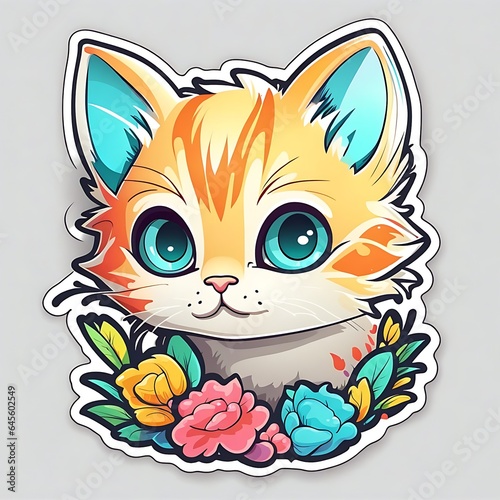 photo of a beautiful and colorful cat  sticker with flowers and leaves isolated on grey  generative AI