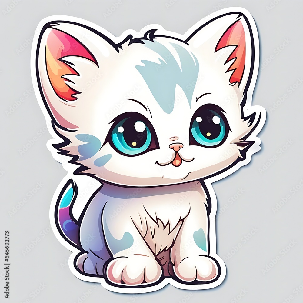photo of a beautiful and colorful cat sticker isolated on white background. Generative AI photo of a beautiful and colorful cat sticker isolated on white background. Generative AI