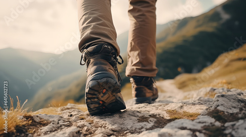 Close up man hiking boots on rocky mountain peak in the natural forest © AspctStyle
