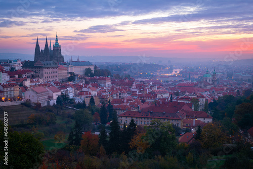 Daybreak in the capital of Czech Republic, Prague. The old city, including the Prague Castle and Vltava river, under the colorful morning sky.