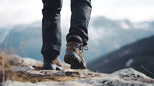 Close up man hiking boots on rocky mountain peak in the natural forest