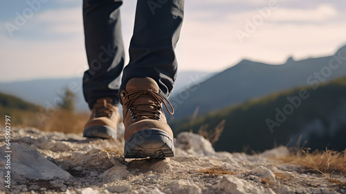 Close up man hiking boots on rocky mountain peak in the natural forest
