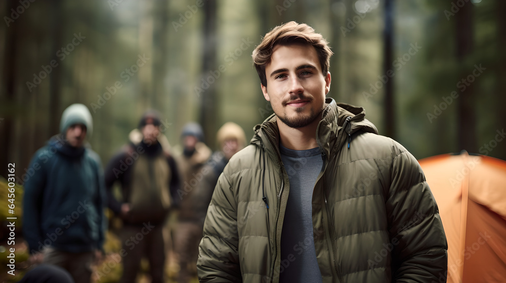 Portrait of smiling man in front of a tent during vacation, group of people camping in forest relaxing on vacation