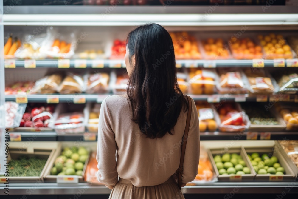 Back view of young woman standing in front of shelf in supermarket.