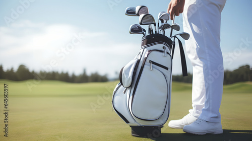 Close up Golf equipment bag and golfer standing on a green course