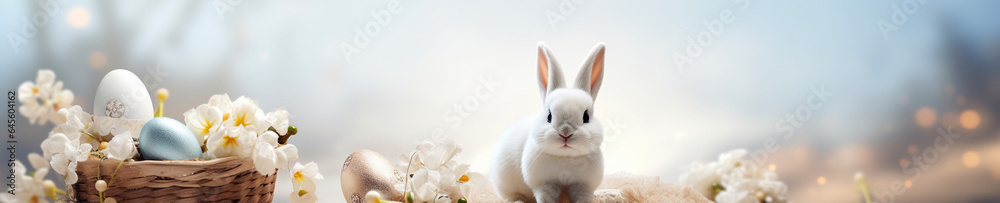 イースターのウサギと卵と春の花の背景バナー　Generative AI