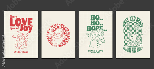 Merry Christmas greeting cards, groovy posters with retro cartoons in trendy style, vector illustration