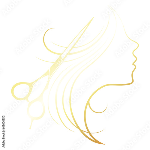Scissors and woman face silhouette with curls of hair. Beauty salon and hair salon golden symbol