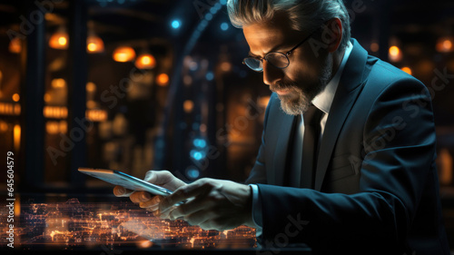 Portrait of a businessman working on a tablet using AI