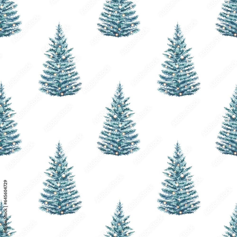 Watercolor seamless pattern with pine, fir.