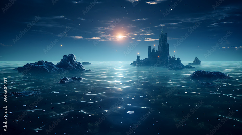 3d rendering Light in the sea at night 3d rendering Light in the sea at night
