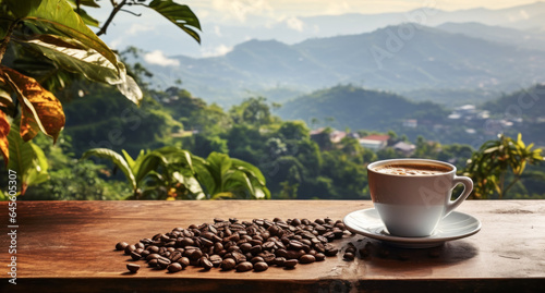 espresso and beans against background of coffee plantation, International Coffee Day.