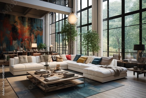 Modern living room interior with comfortable couch, city view with daylight and blank mockup place on concrete wall.