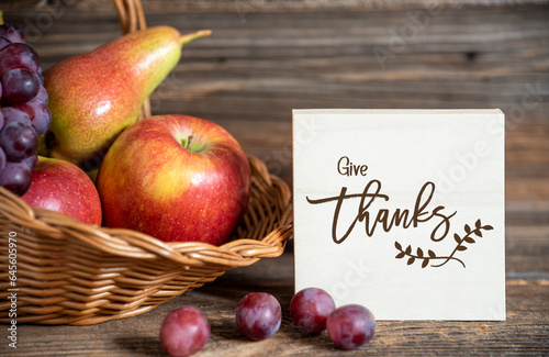 Fall Decoration with Fruits and Text Give Thanks