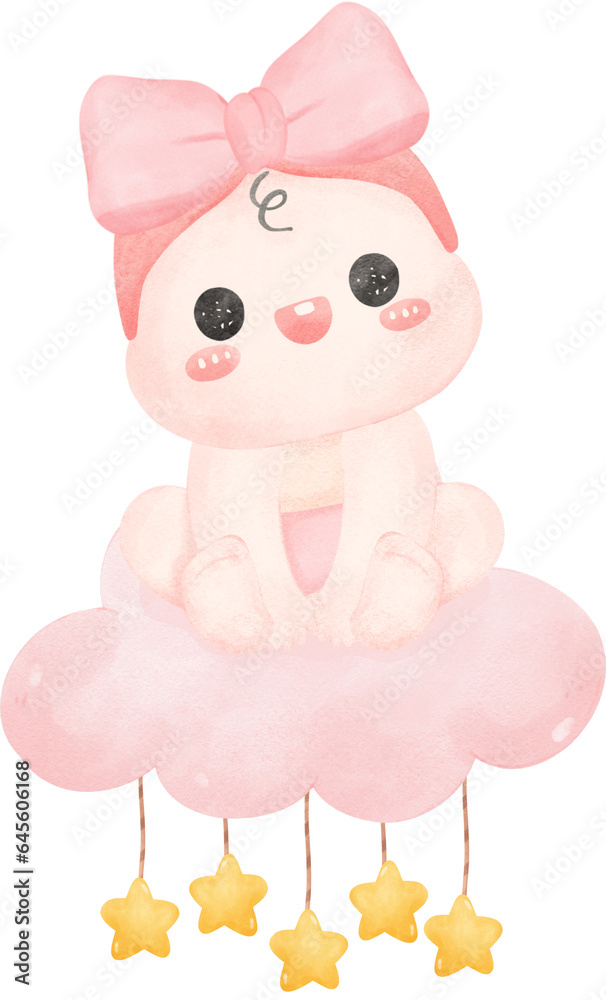 Baby shower girl on pink cloud watercolor Baby shower girl on pink cloud watercolor