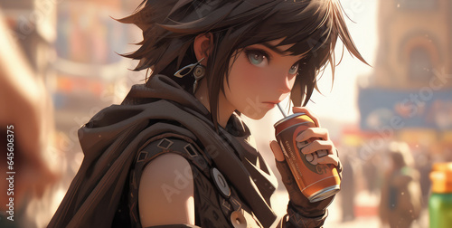 Beautiful young woman sipping on a cold refreshing soda - Generative AI © RobertNyholm