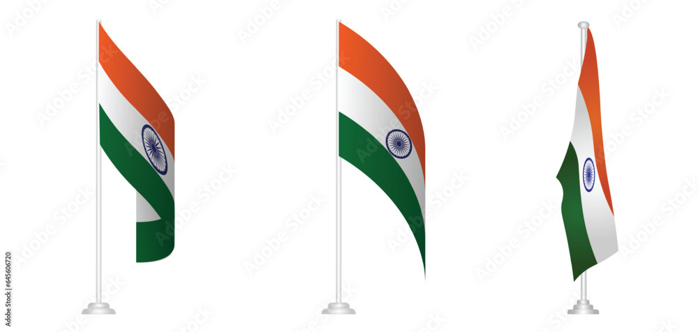 set of Indian flag with pole vector o white isolated