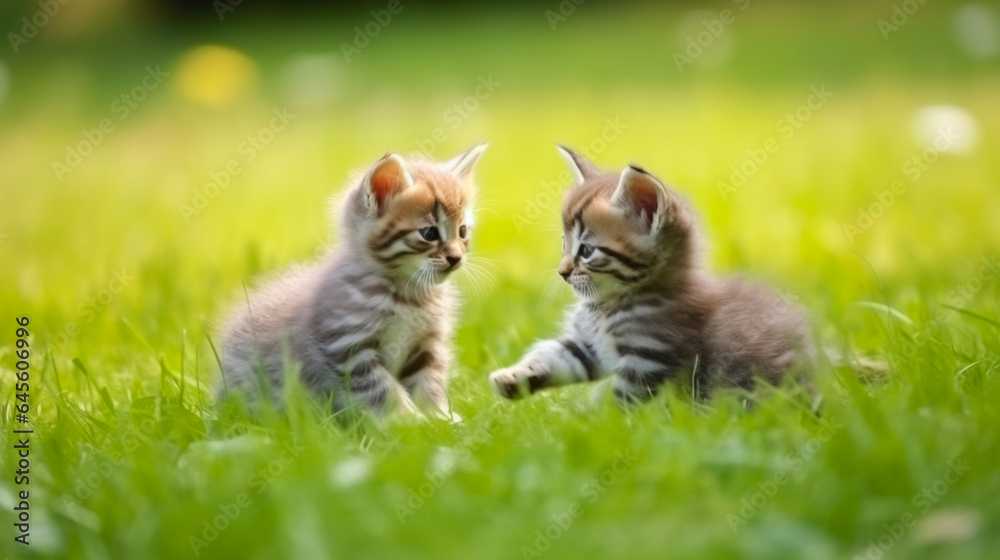 kittens playing on a green meadow, pet care, banner with copy space, world animal day.