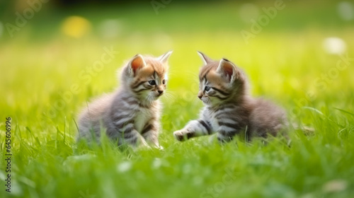 kittens playing on a green meadow, pet care, banner with copy space, world animal day.