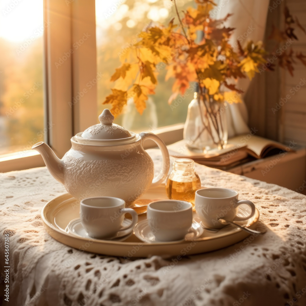Fototapeta premium A white porcelain tea set and a matching teapot 