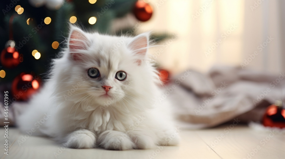 A WHITE FLUFFY KITTEN IN THE HOUSE ON THE FLOOR LIES AGAINST THE BACKGROUND OF A CHRISTMAS TREE AND BOKEH