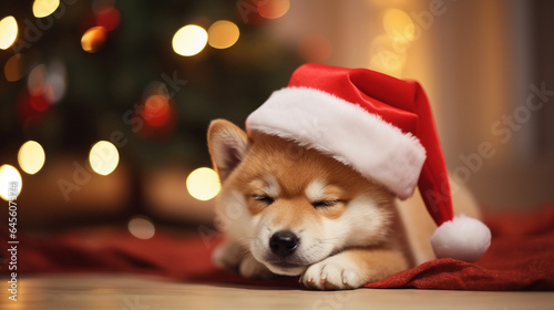 Shiba Inu puppy in a Santa hat sleeping under the Christmas tree