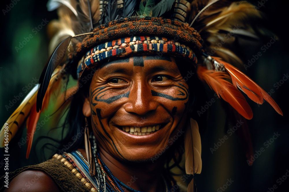 A man with a feathered headdress smiles at the camera.