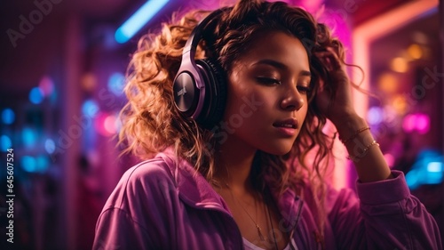 Woman listening to music, "International Music Day: A young woman with a pair of headphones, the walls illuminated by the vibrant, neon hues of the lights."