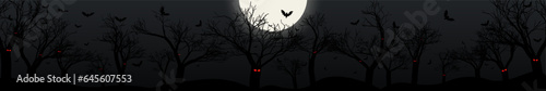 Panoramic Dark Forest Header lit by moonlight with a full moon. Halloween Horizontal Banner of dark tree silhouettes with flying bats, graves, ghosts, and zombie. Vector Illustration.