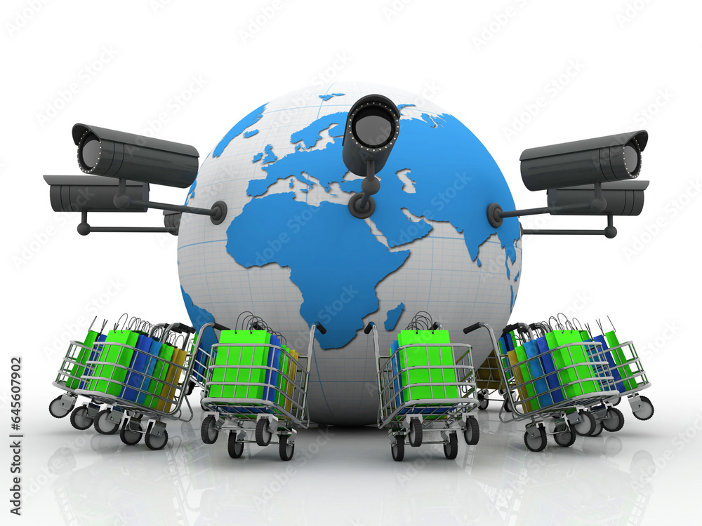 Fototapeta premium 3d rendering e-shopping concept, shopping bag in trolley under cctv camera