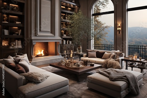 A luxury living room interior with a fireplace 