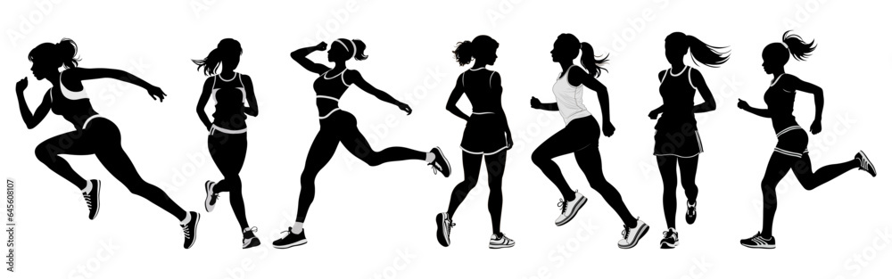 Run. Running women, vector set of isolated silhouettes