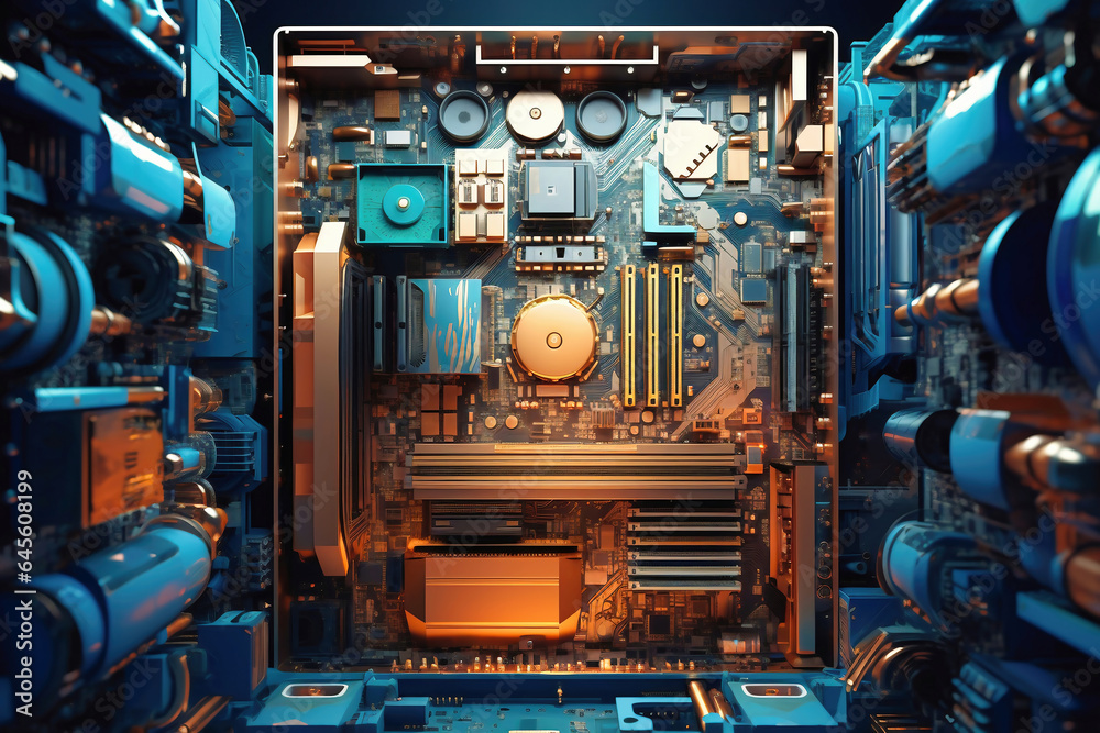 A computer case sitting on top of a table. The system unit of a modern computer with backlight. Modern computer technologies.