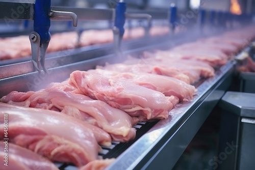 Poultry farm for the production of chicken meat. Industrial production and packaging of chicken meat. Chicken fillet and tenderloin on a conveyor in the workshop. modern food industry.